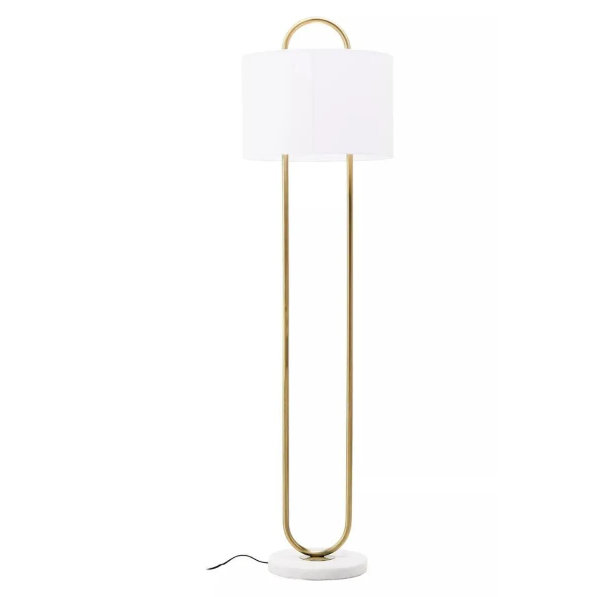 Lampadaire Loop en métal doré avec abat-jour rond blanc