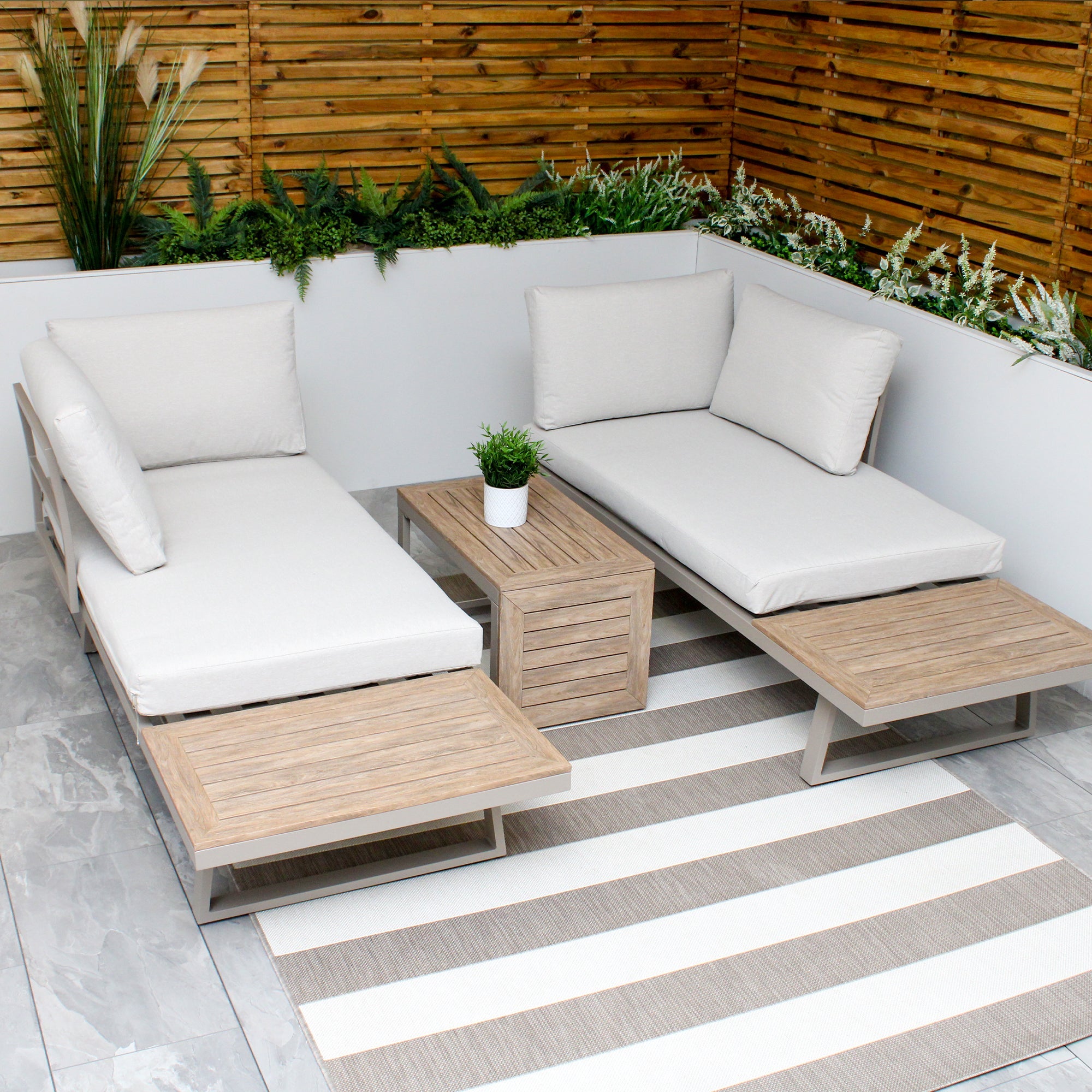 Ensemble de jardin avec canapé d'angle modulable 4 places en aluminium beige Milan