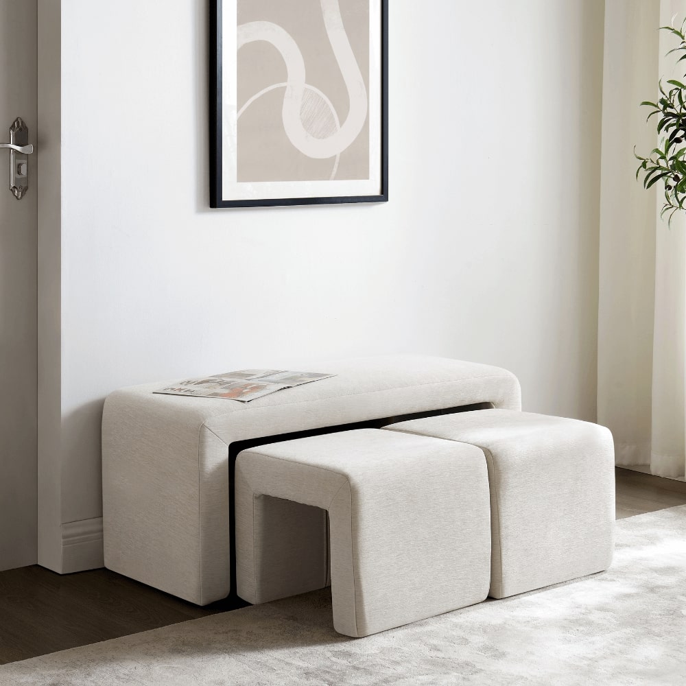 Banc Daria en chenille crème avec tabourets gigognes