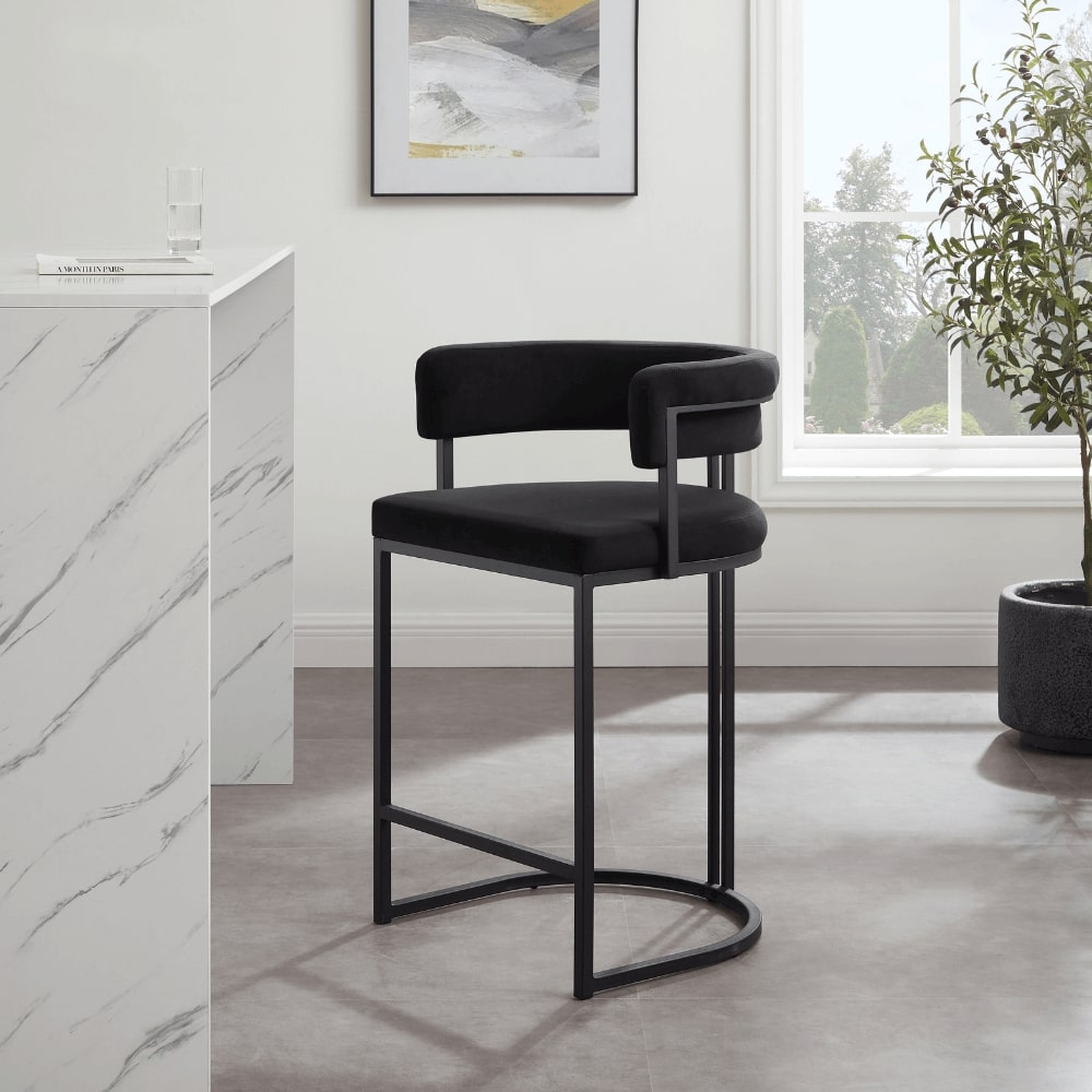 Tabouret de bar incurvé Mia en velours noir et cadre noir