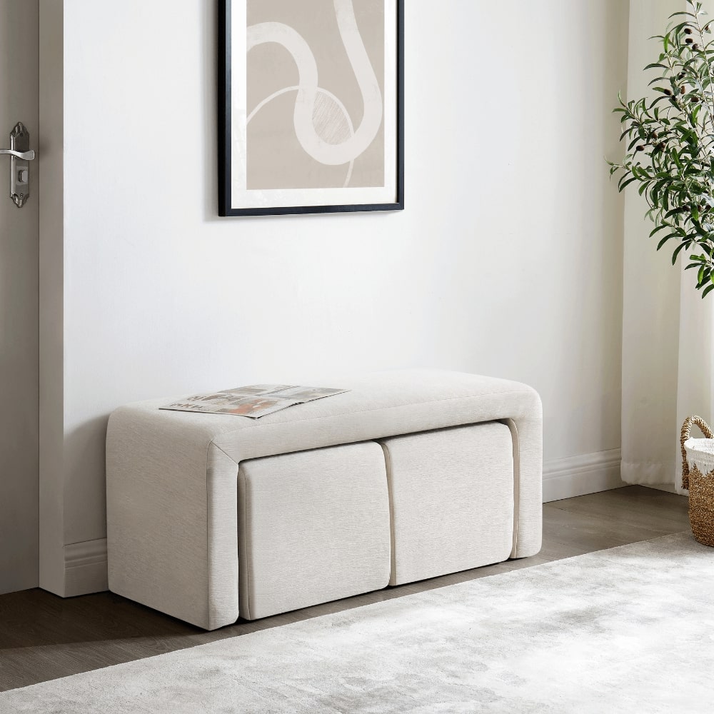 Banc Daria en chenille crème avec tabourets gigognes
