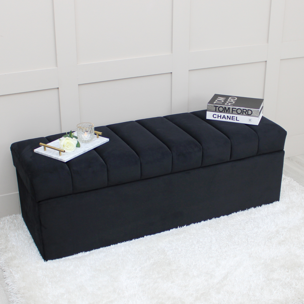 Banc de rangement ottoman en velours noir Leo