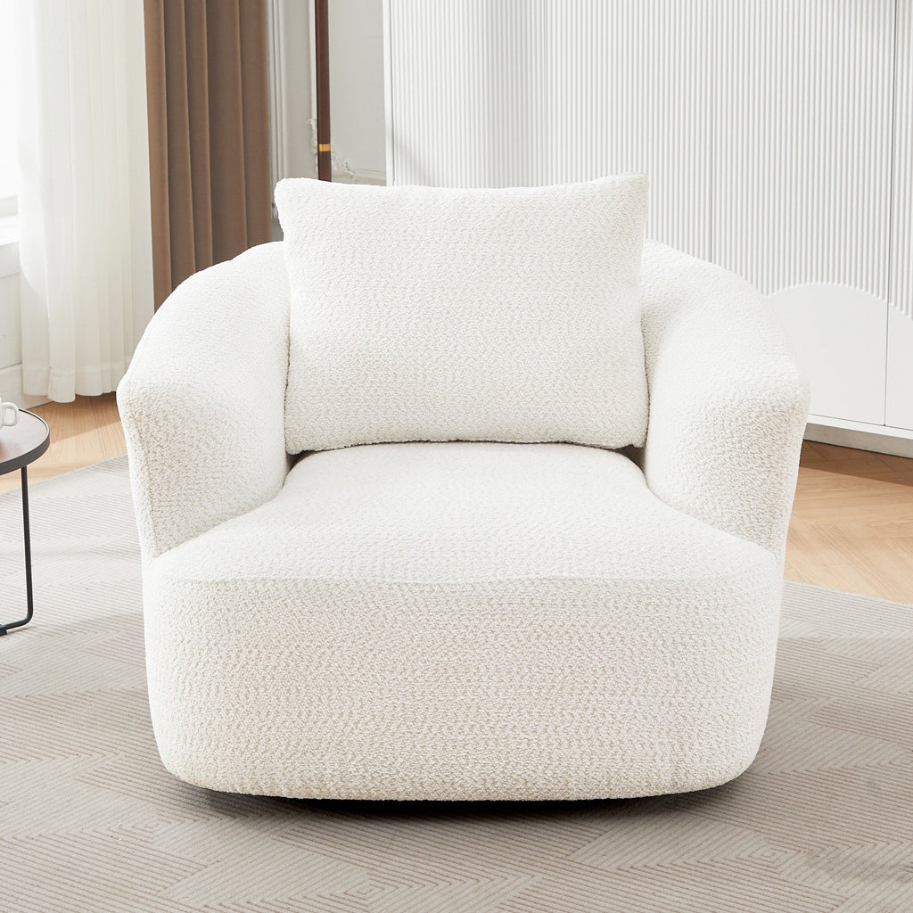 Fauteuil pivotant à 360°, fauteuil d'appoint Boucle 38,2" avec coussin décoratif, fauteuil rembourré en forme de tonneau avec accoudoirs incurvés