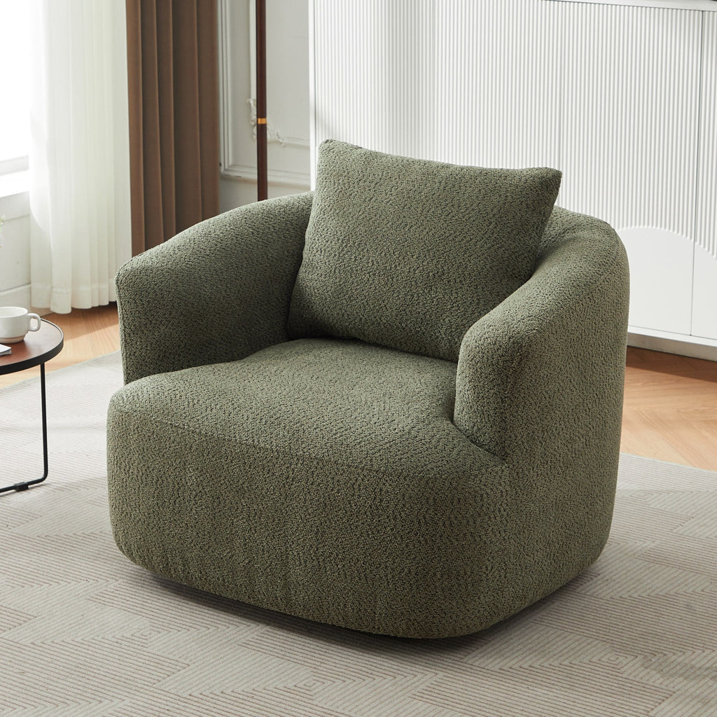 Fauteuil pivotant à 360°, fauteuil d'appoint Boucle 38,2" avec coussin décoratif, fauteuil rembourré en forme de tonneau avec accoudoirs incurvés