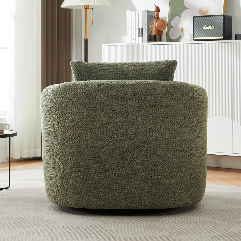 Fauteuil pivotant à 360°, fauteuil d'appoint Boucle 38,2" avec coussin décoratif, fauteuil rembourré en forme de tonneau avec accoudoirs incurvés