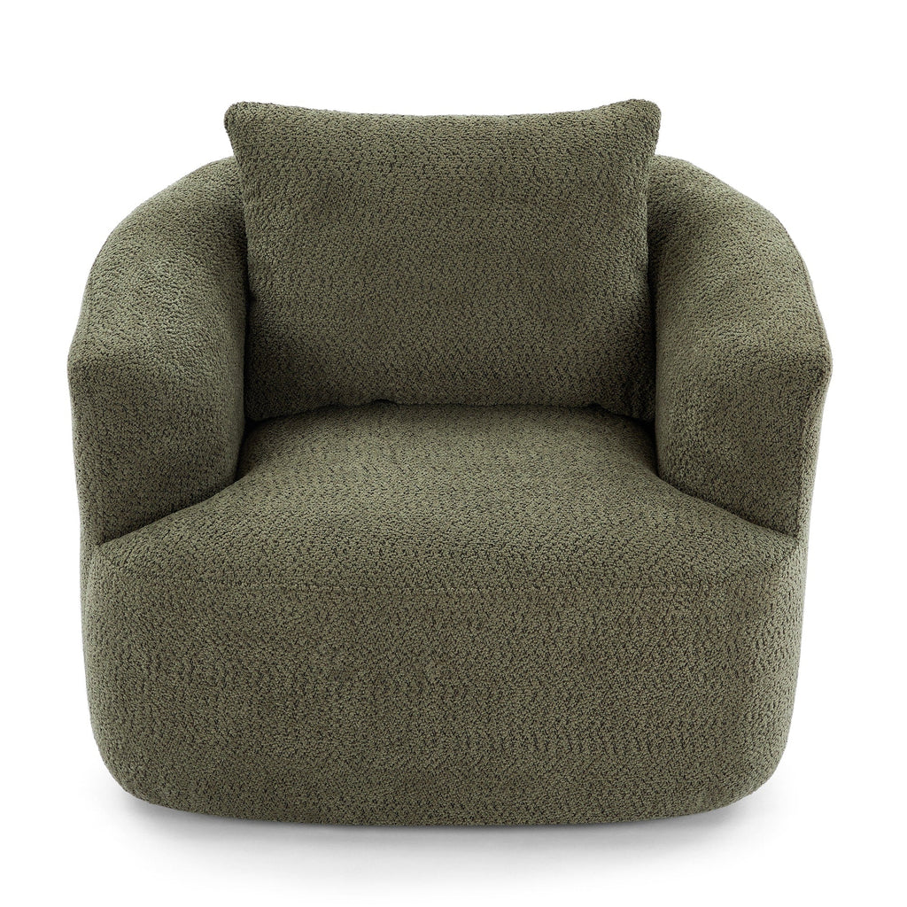 Fauteuil pivotant à 360°, fauteuil d'appoint Boucle 38,2" avec coussin décoratif, fauteuil rembourré en forme de tonneau avec accoudoirs incurvés