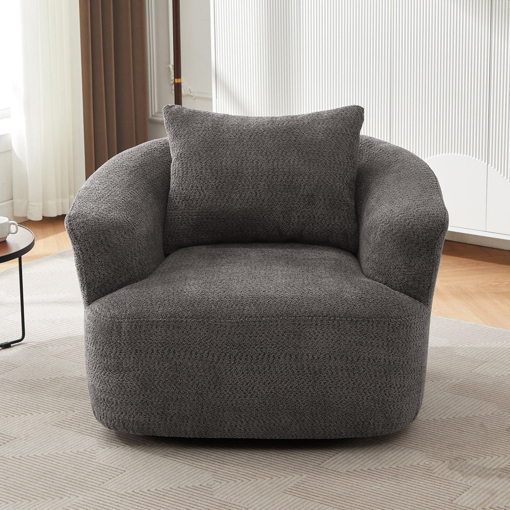 Fauteuil pivotant à 360°, fauteuil d'appoint Boucle 38,2" avec coussin décoratif, fauteuil rembourré en forme de tonneau avec accoudoirs incurvés