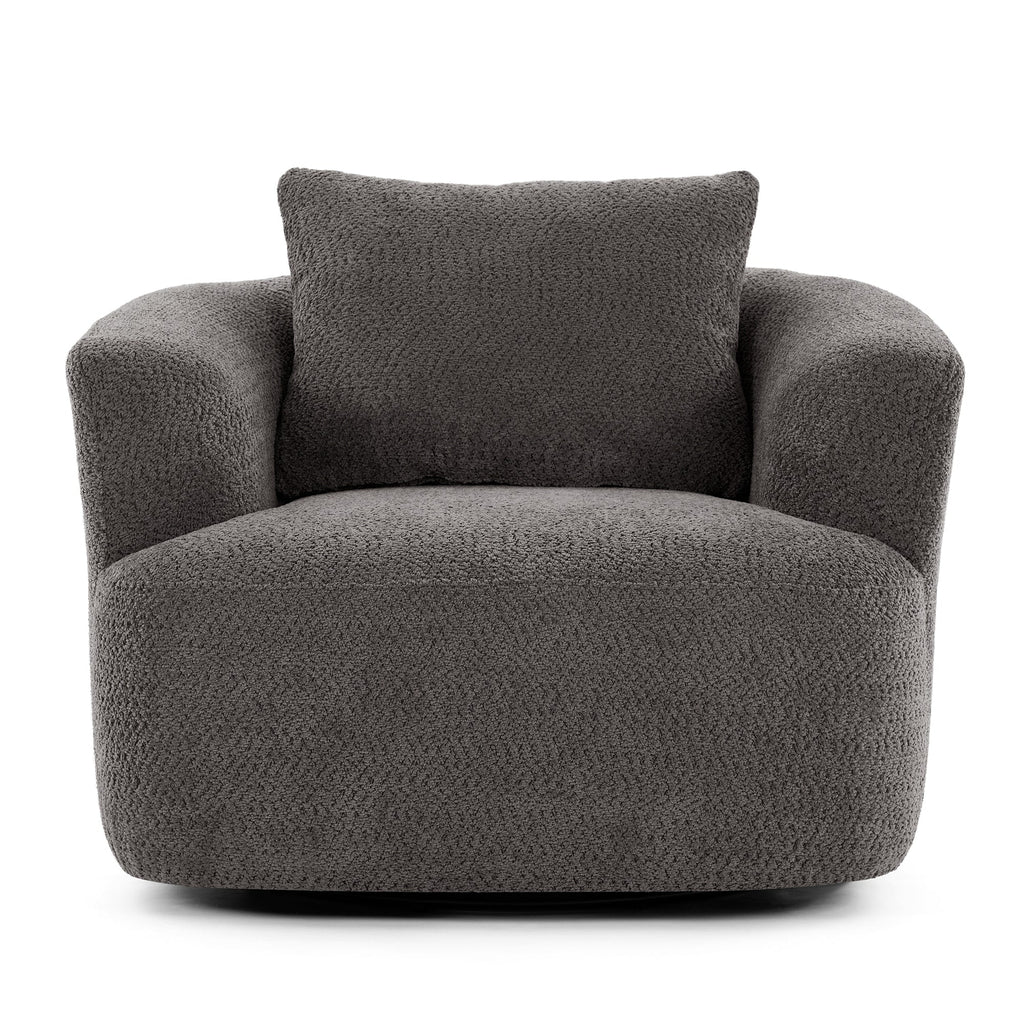 Fauteuil pivotant à 360°, fauteuil d'appoint Boucle 38,2" avec coussin décoratif, fauteuil rembourré en forme de tonneau avec accoudoirs incurvés
