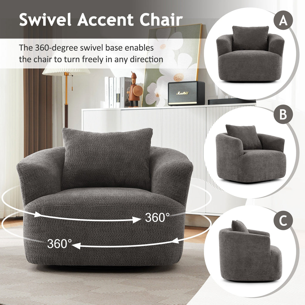 Fauteuil pivotant à 360°, fauteuil d'appoint Boucle 38,2" avec coussin décoratif, fauteuil rembourré en forme de tonneau avec accoudoirs incurvés