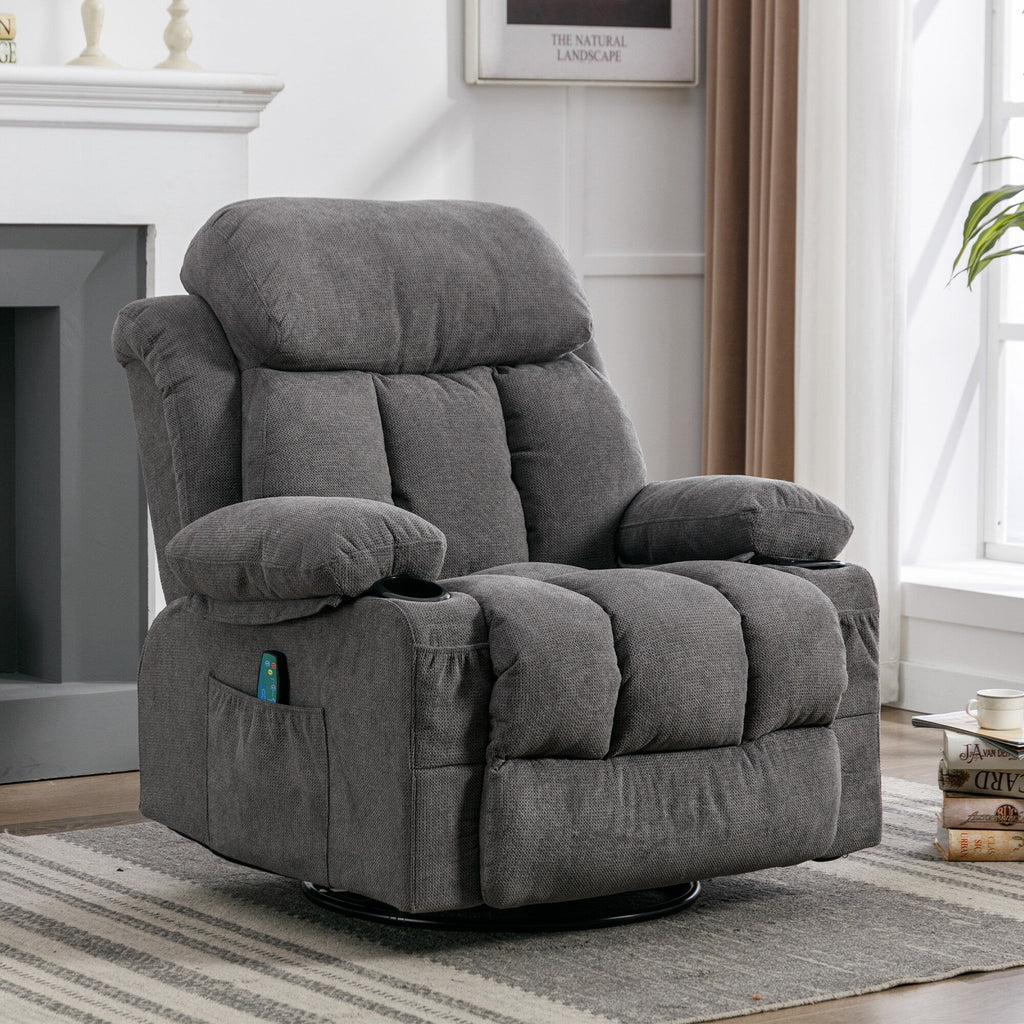 Fauteuil inclinable pivotant à 360° avec massage, chauffage, port USB et porte-gobelets