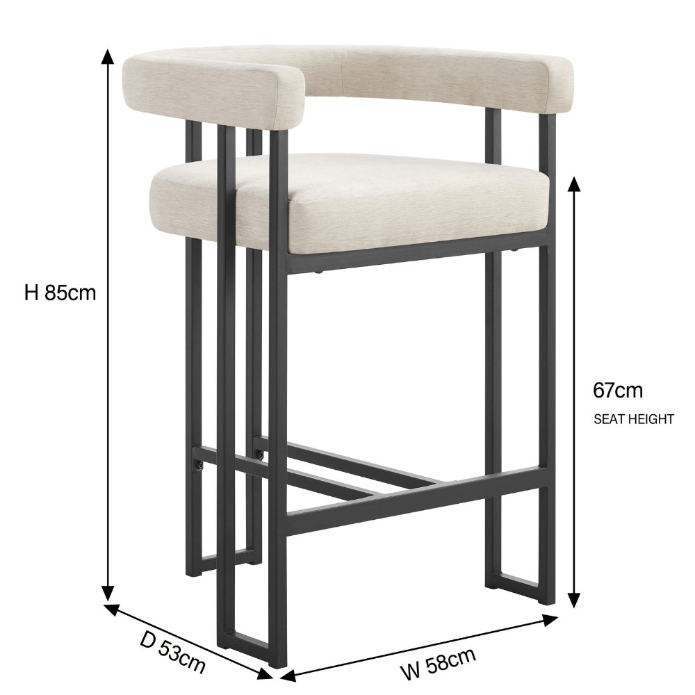 Tabouret de bar incurvé en chenille crème Celine avec cadre en métal noir