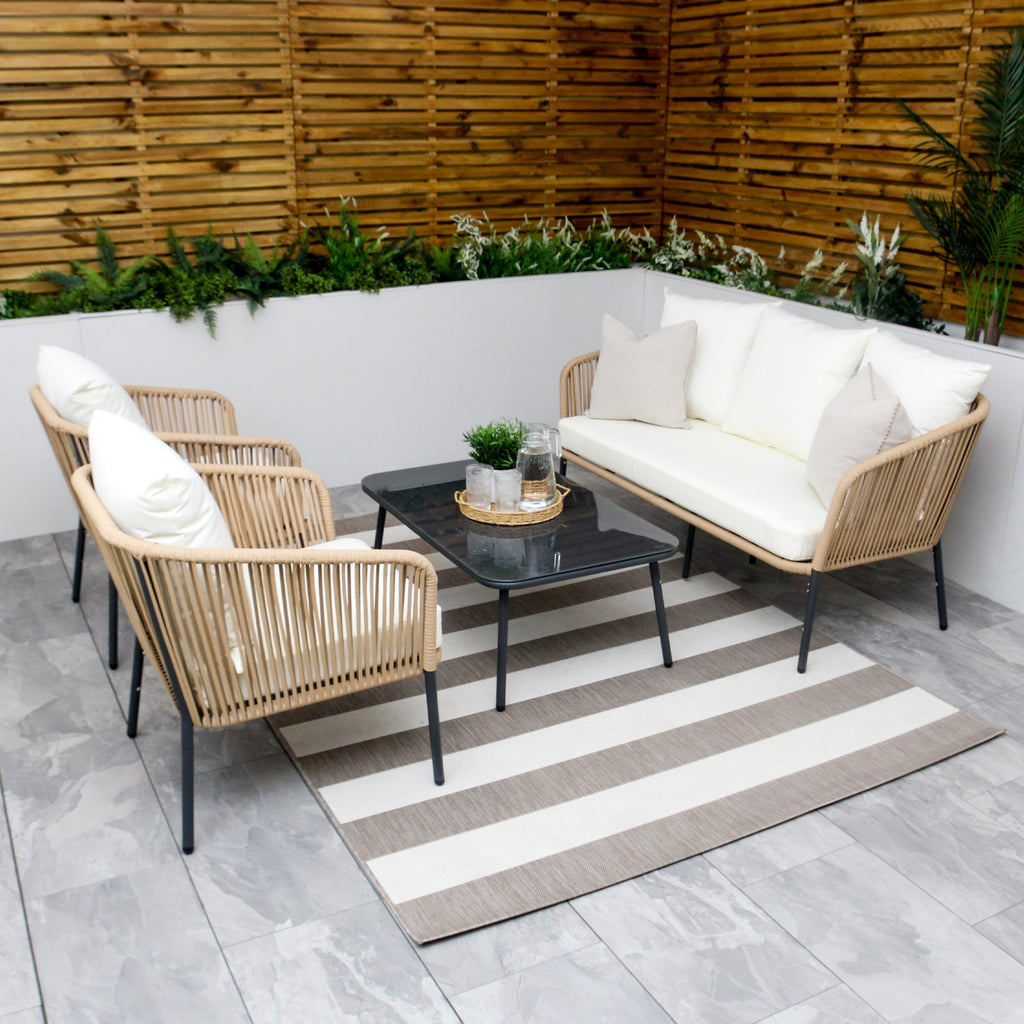 Canapé 5 places Turin beige en aluminium tressé avec coussins crème