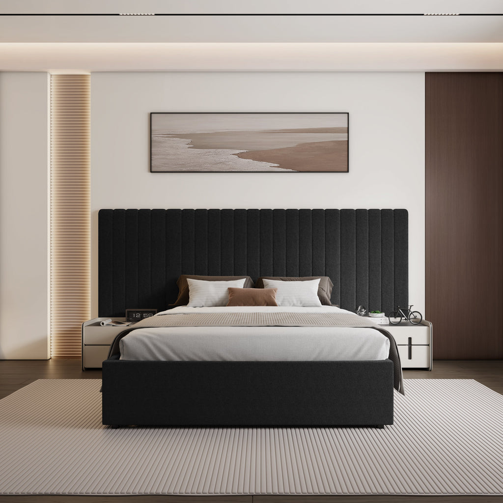 Inaya Lit king size avec tête de lit ottomane et rangement en velours noir à large panneau