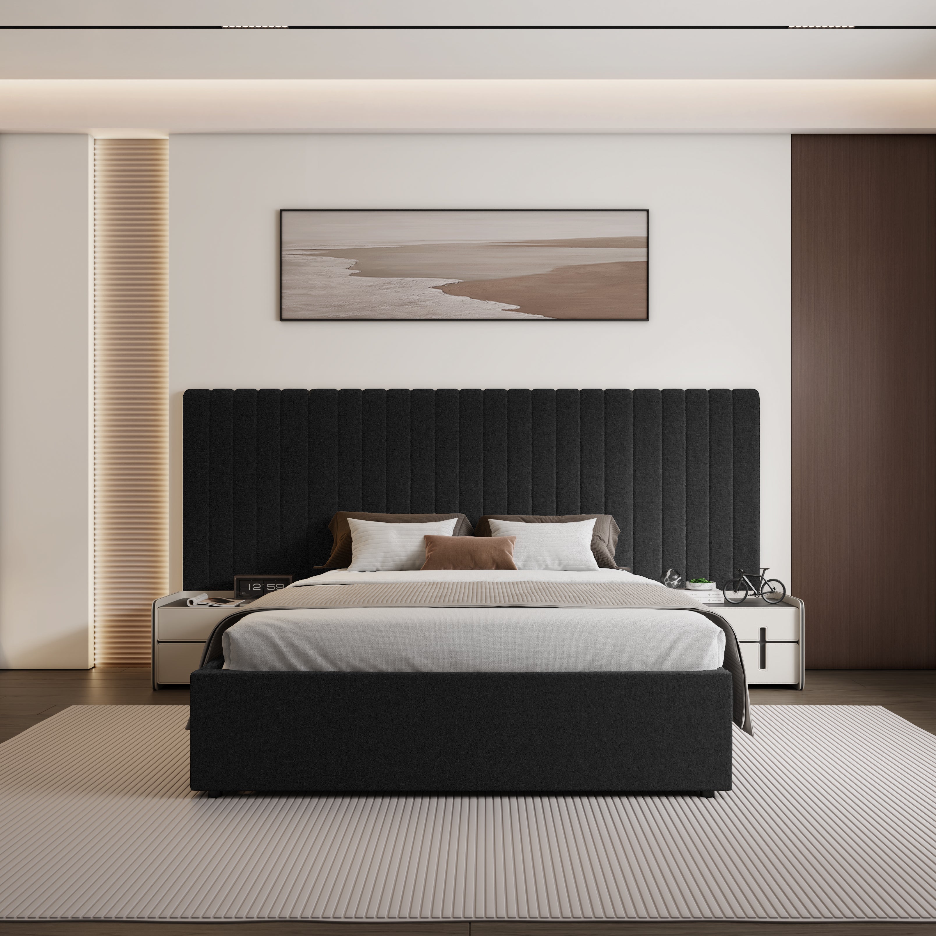Inaya Lit king size avec tête de lit ottomane et rangement en velours noir à large panneau