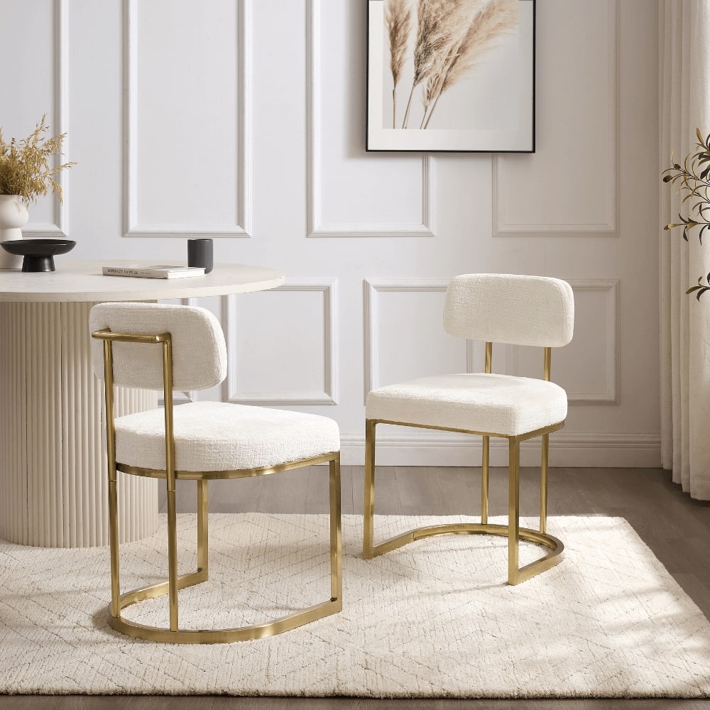 Ensemble de salle à manger rond Maya en céramique crème clair avec 6 chaises Rhea dorées