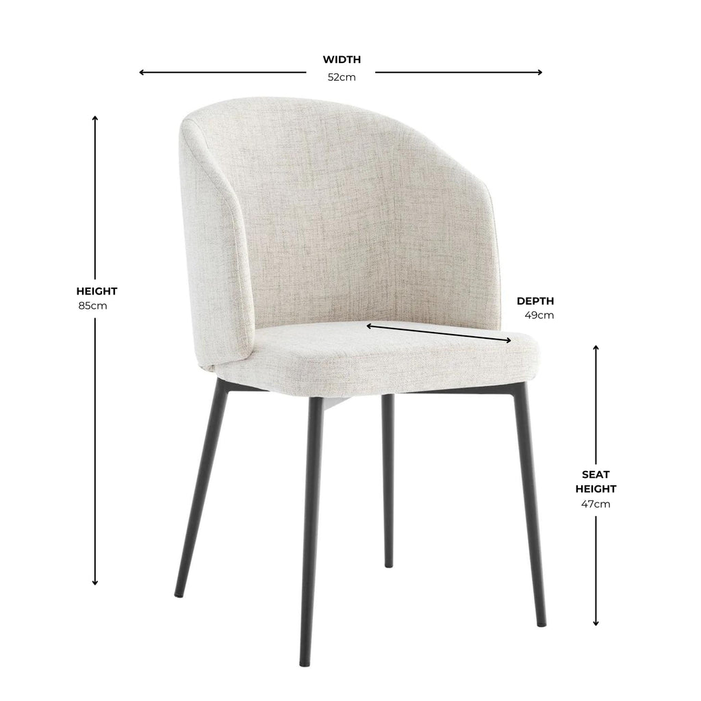 Chaise de salle à manger incurvée Capri en lin ivoire et gris clair avec pieds noirs
