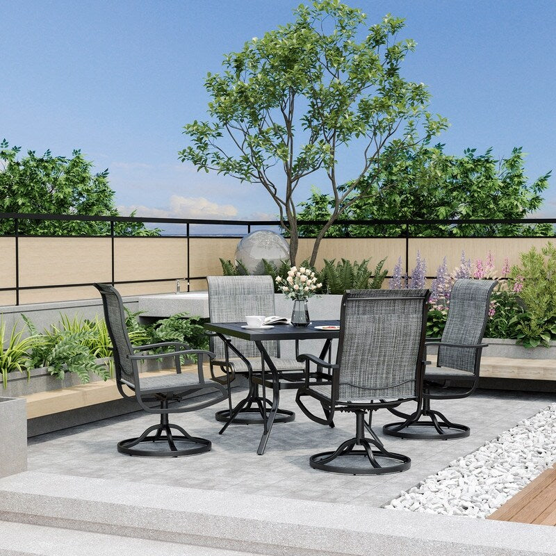 Ensemble de salle à manger d'extérieur en métal 5 pièces avec table carrée et chaises pivotantes en textilène