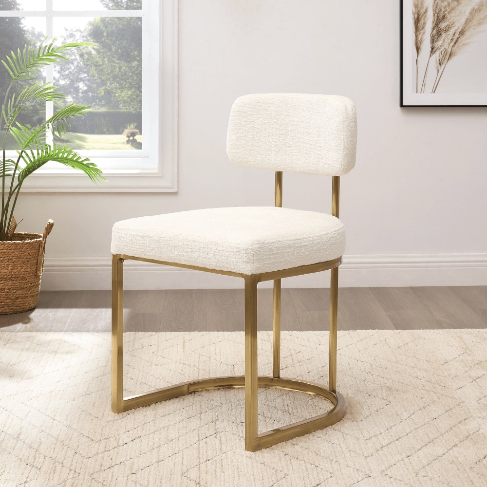Ensemble de salle à manger rond Maya en céramique crème clair avec 6 chaises Rhea dorées