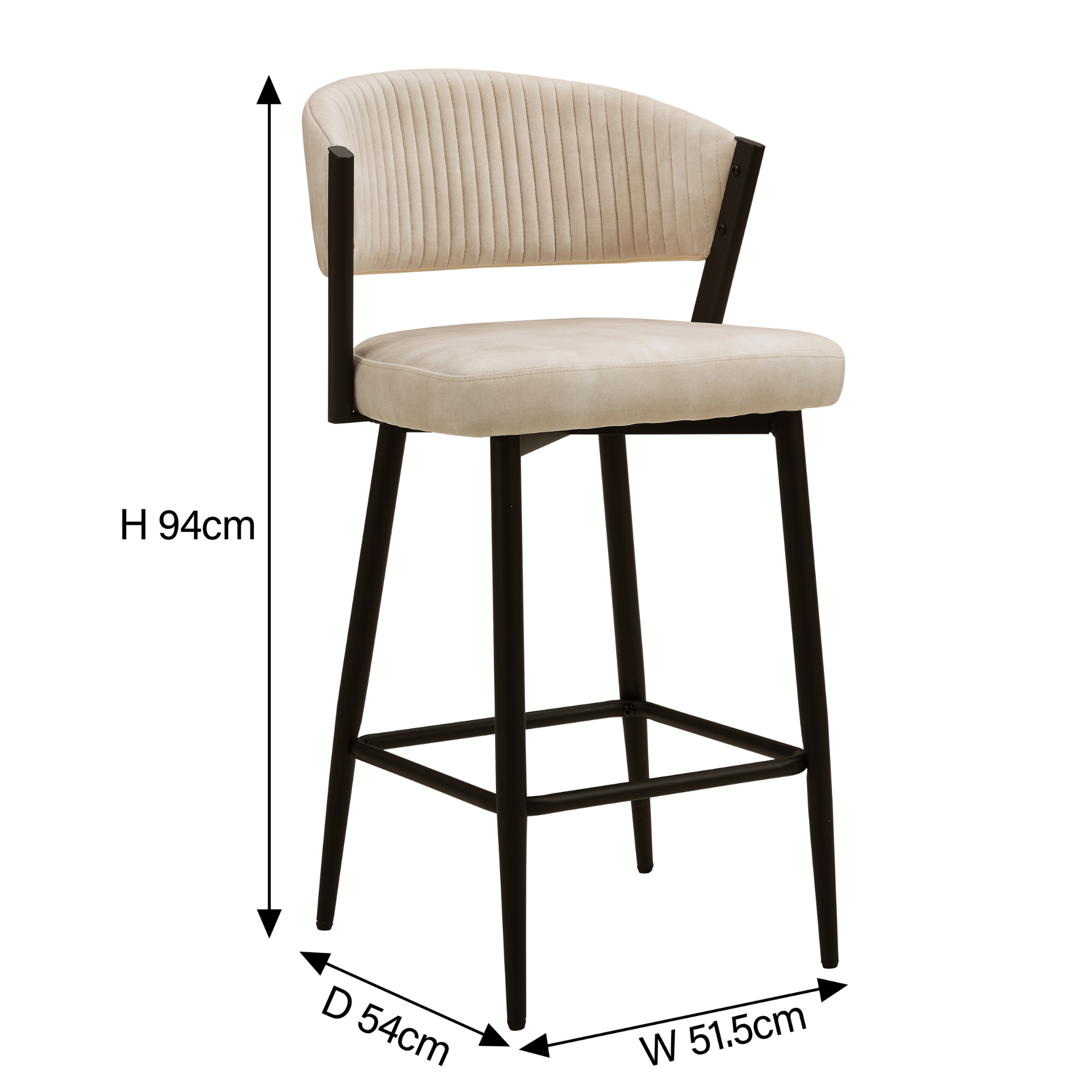 Tabouret de bar incurvé en velours crème Maria avec cadre en métal noir