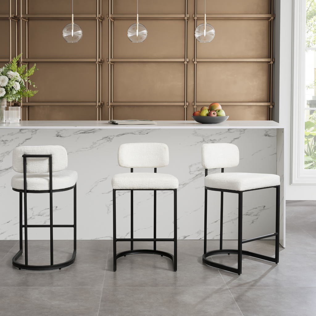 Tabouret de bar Rhea en tissu blanc avec cadre noir