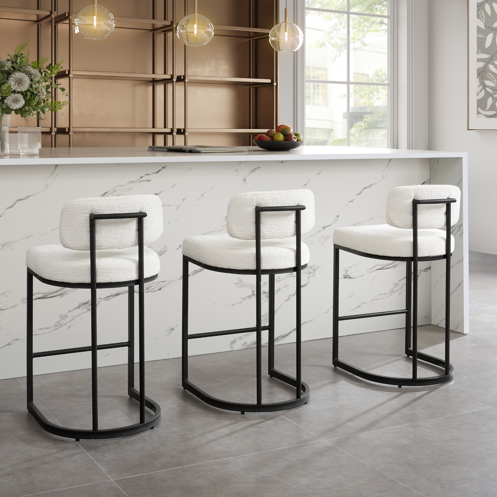 Tabouret de bar Rhea en tissu blanc avec cadre noir