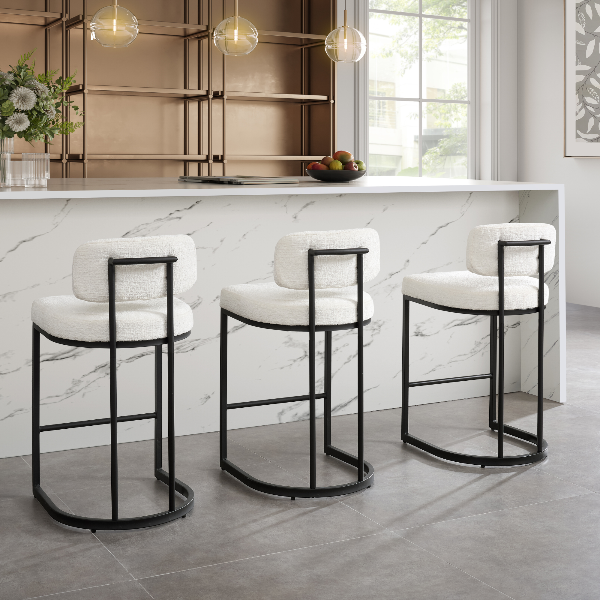 Tabouret de bar Rhea en tissu blanc avec cadre noir