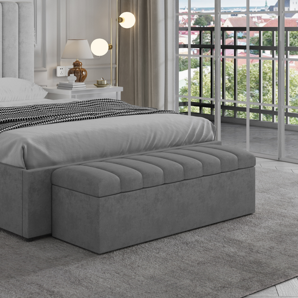 Banc de rangement ottoman en velours gris Leo