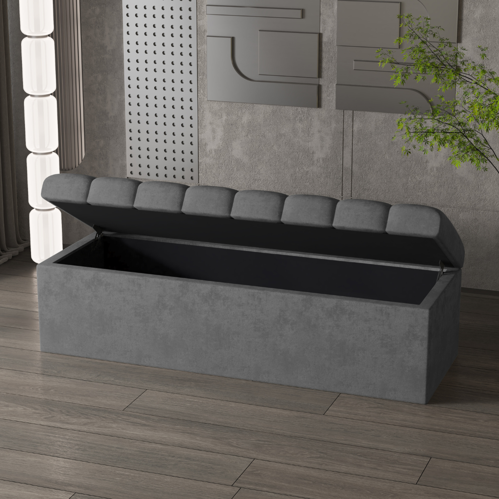 Banc de rangement ottoman en velours gris Leo