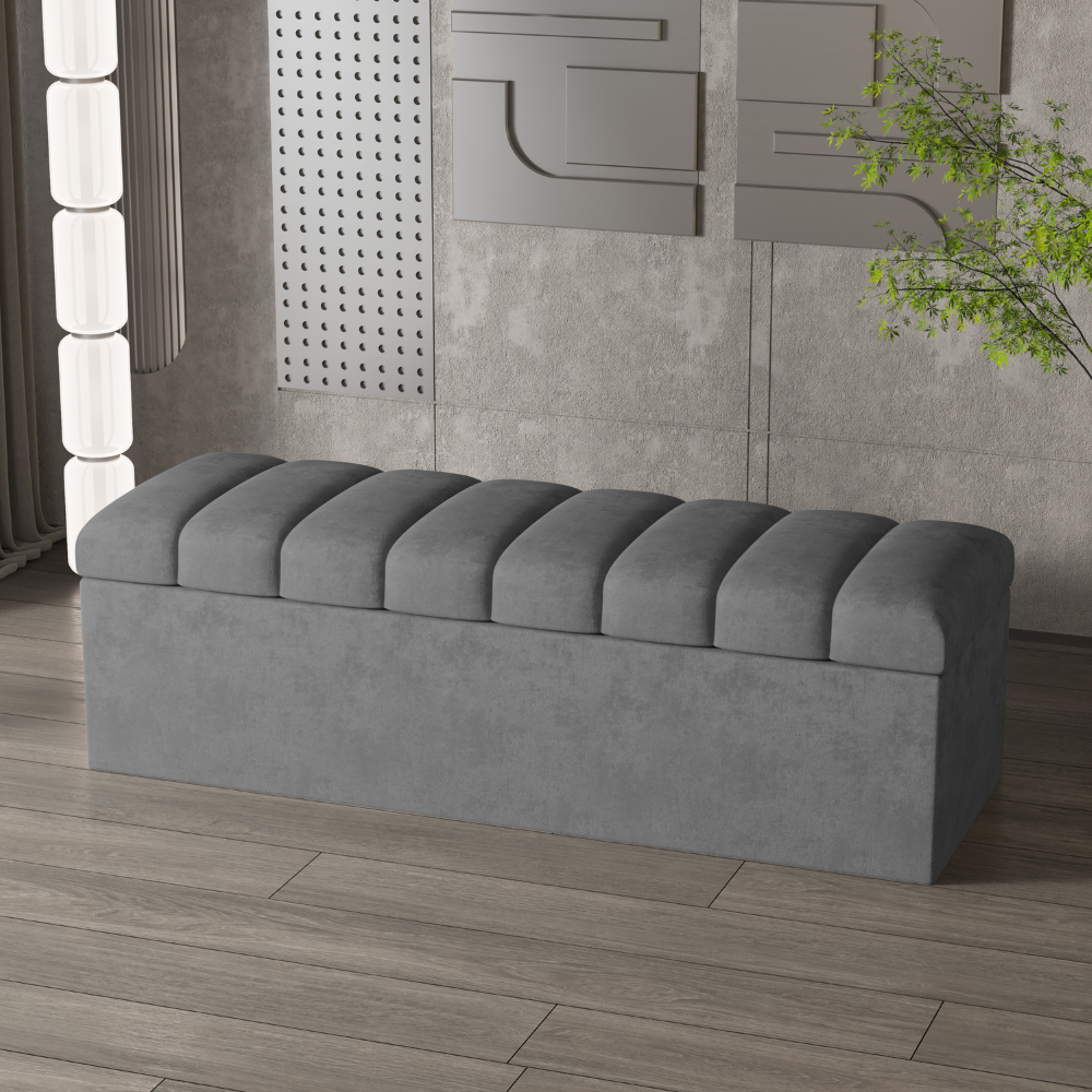 Banc de rangement ottoman en velours gris Leo