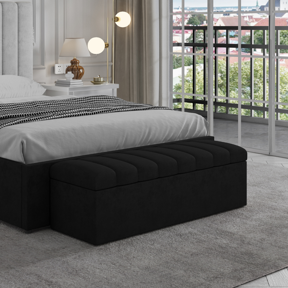 Banc de rangement ottoman en velours noir Leo