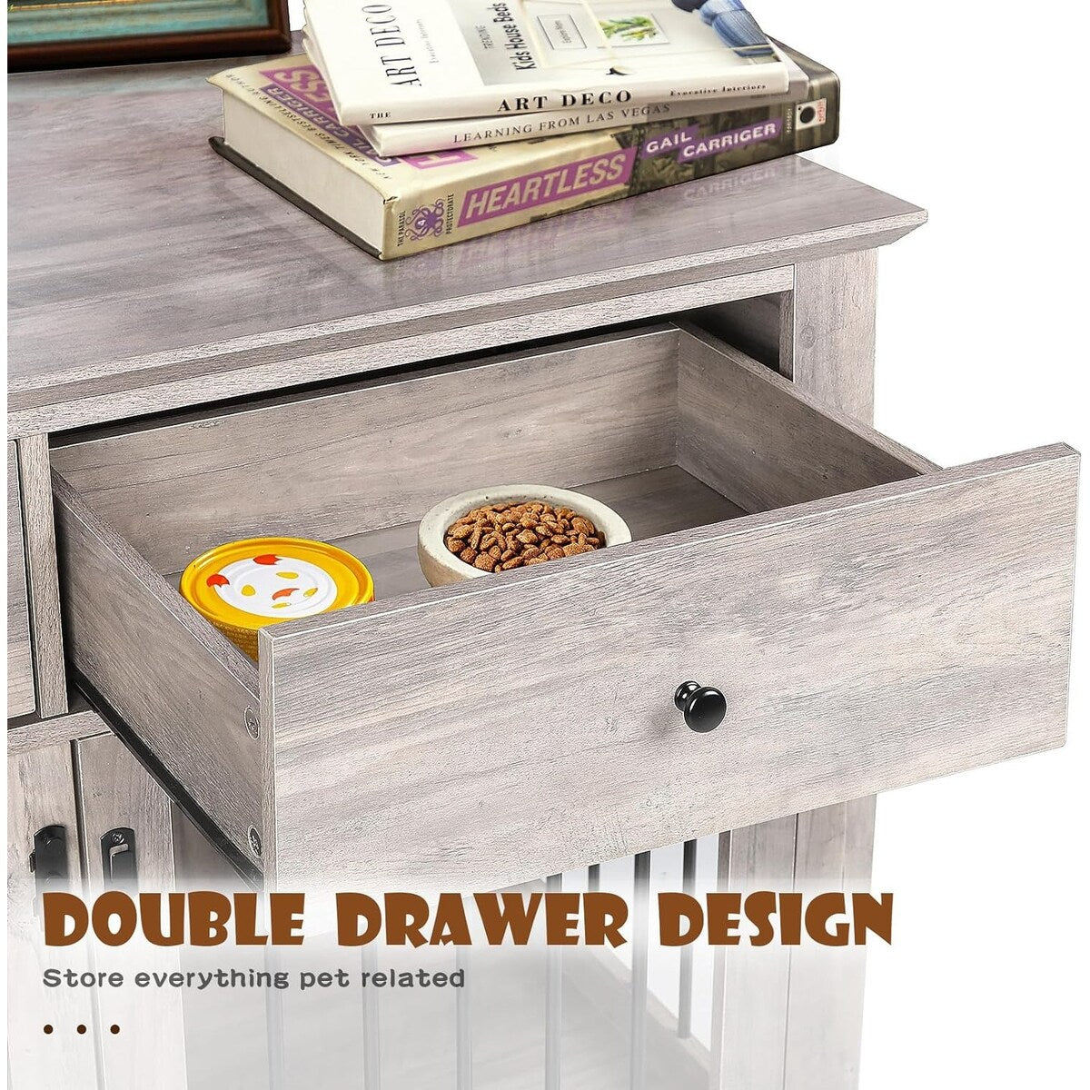 Cage pour chien Bossin de 111 cm de large, table d'appoint en bois avec tiroirs de rangement, niche décorative pour animaux de compagnie.