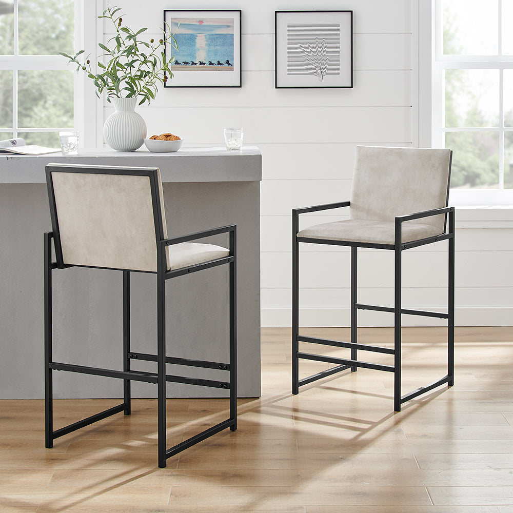Tabouret de bar Kai en velours crème avec cadre carré noir
