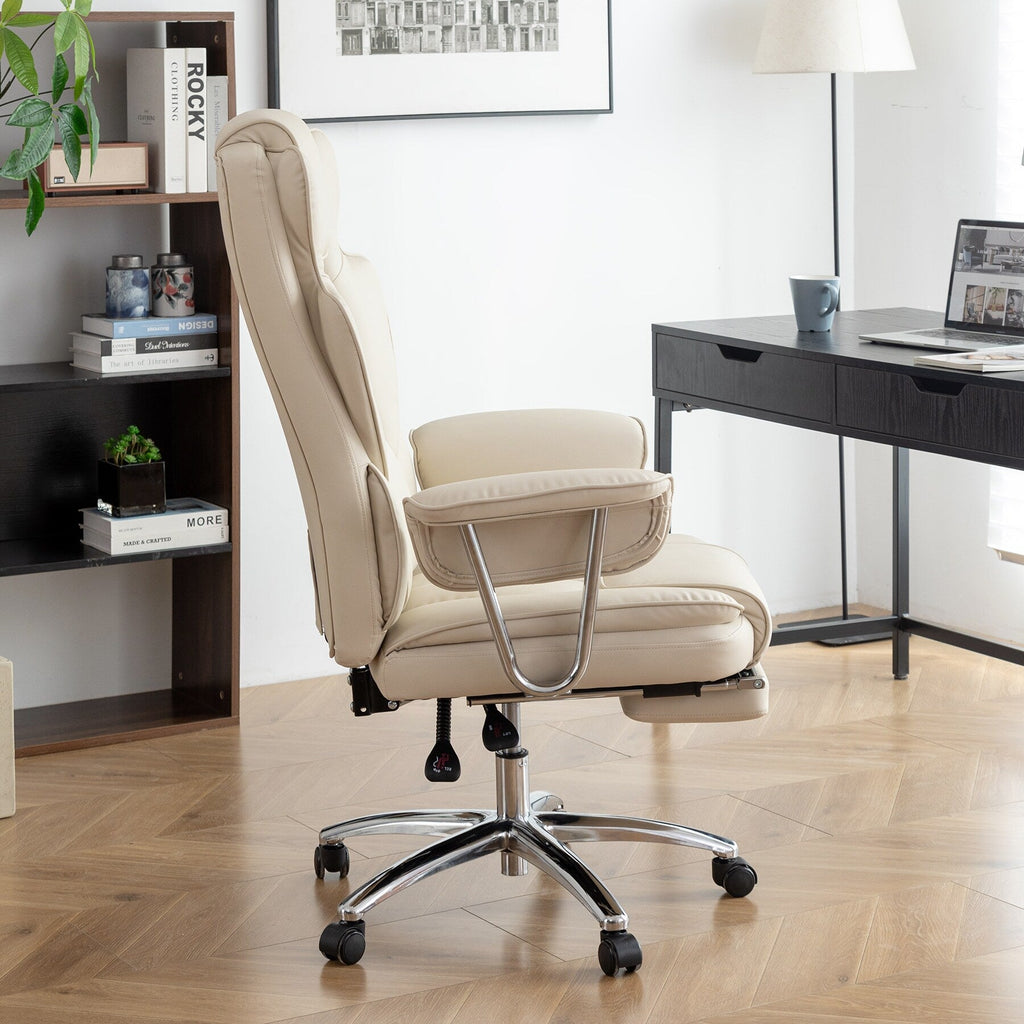 Fauteuil de bureau inclinable ergonomique pivotant à 360° en cuir reconstitué beige avec dossier haut et support lombaire, repose-pieds et hauteur réglable