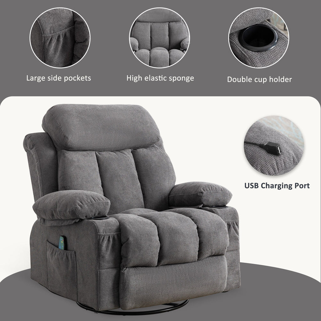 Fauteuil inclinable pivotant beige avec massage, chauffage et chargement USB