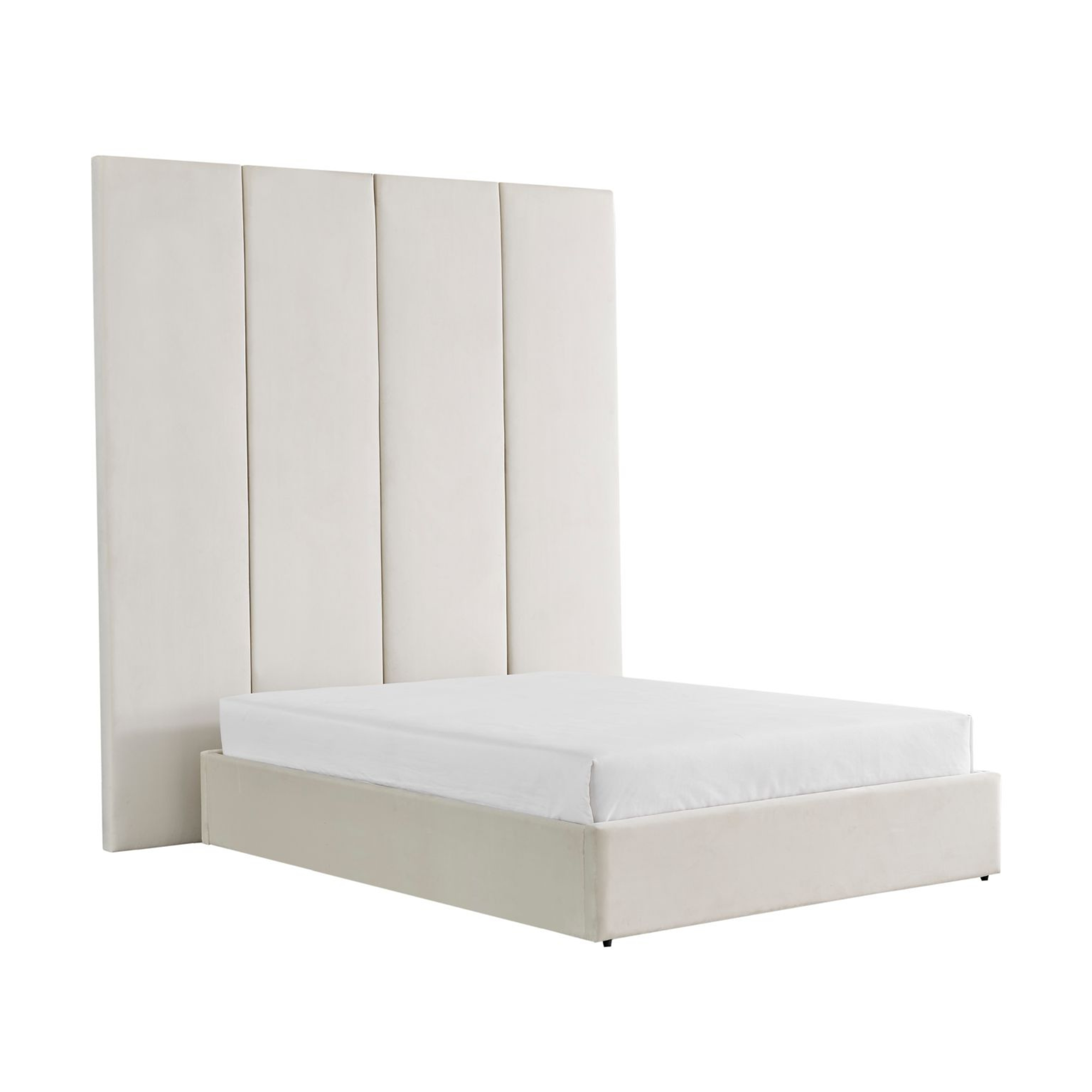 Lit à panneaux muraux en velours crème avec rangement ottoman