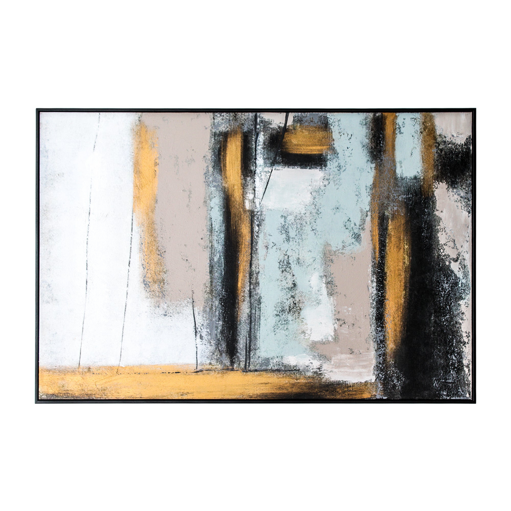 Toile abstraite aux tons monochromes avec des accents bleus et dorés