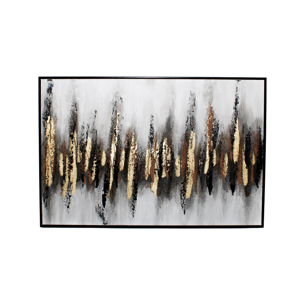 Art mural au pinceau blanc et noir avec des accents dorés et un cadre noir