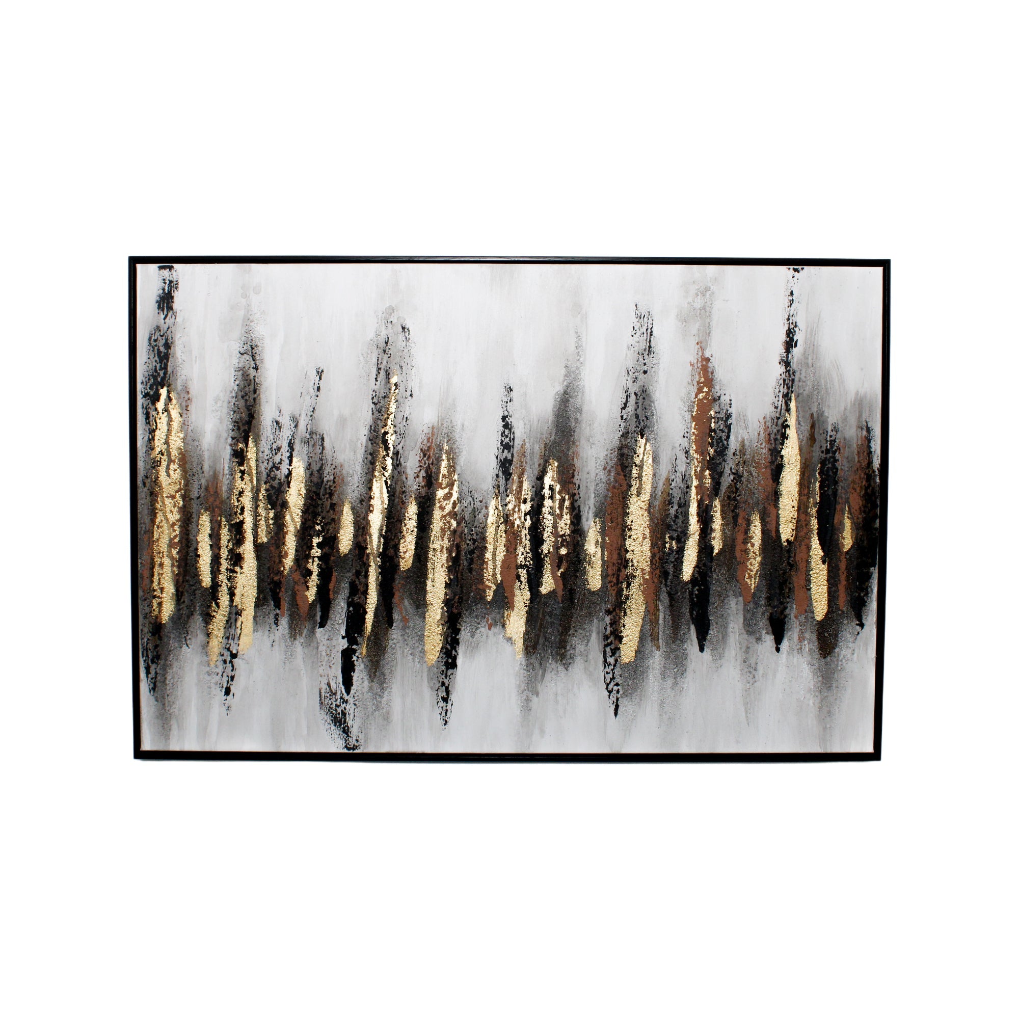 Art mural au pinceau blanc et noir avec des accents dorés et un cadre noir