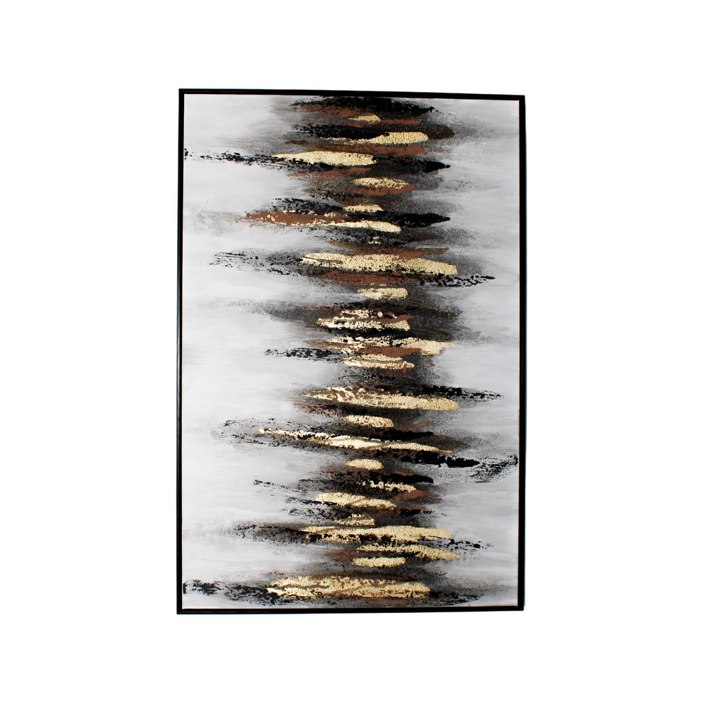 Art mural au pinceau blanc et noir avec des accents dorés et un cadre noir