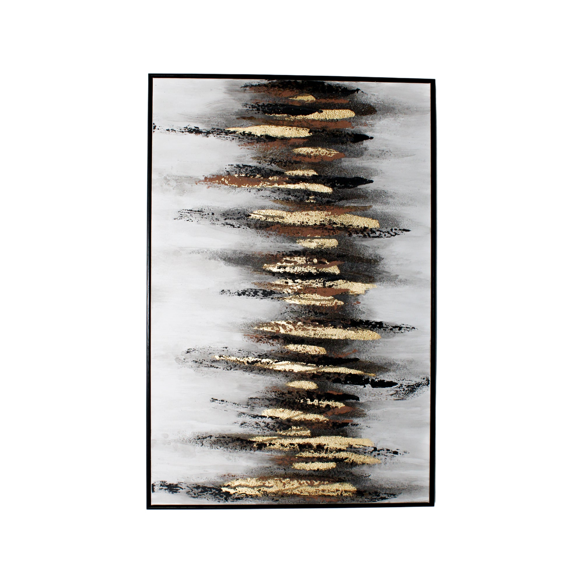 Art mural au pinceau blanc et noir avec des accents dorés et un cadre noir