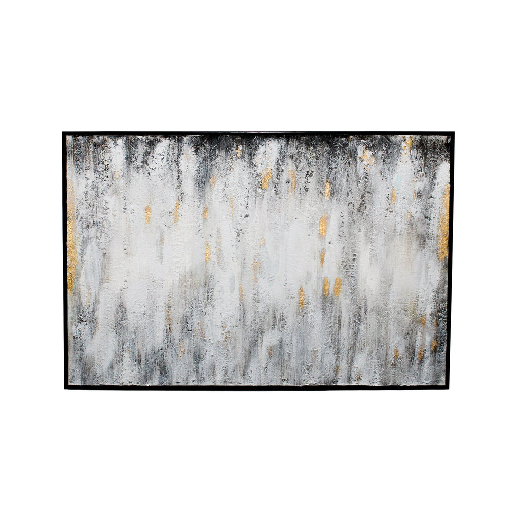 Décoration murale blanche et noire délavée avec des accents dorés et un cadre noir