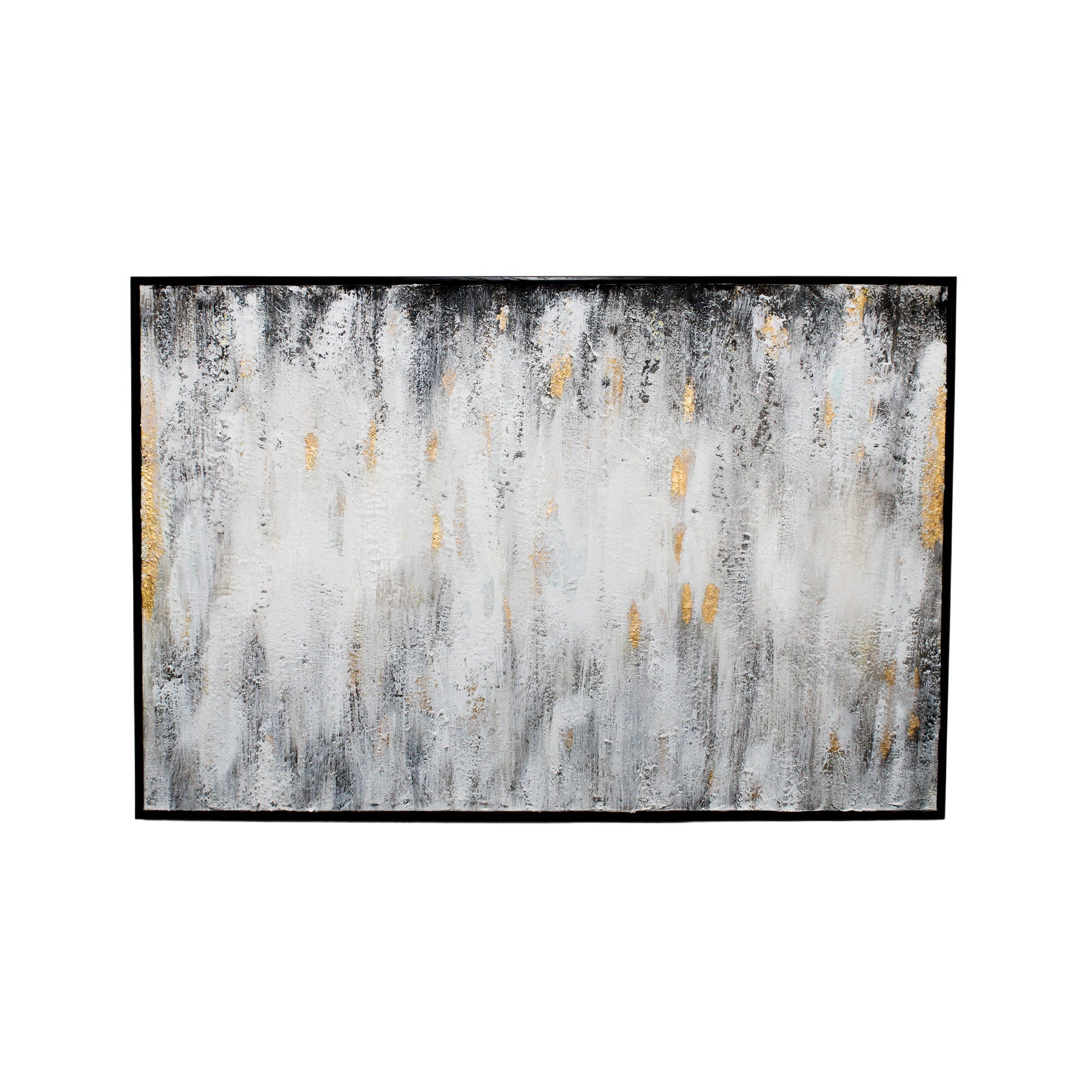 Décoration murale blanche et noire délavée avec des accents dorés et un cadre noir