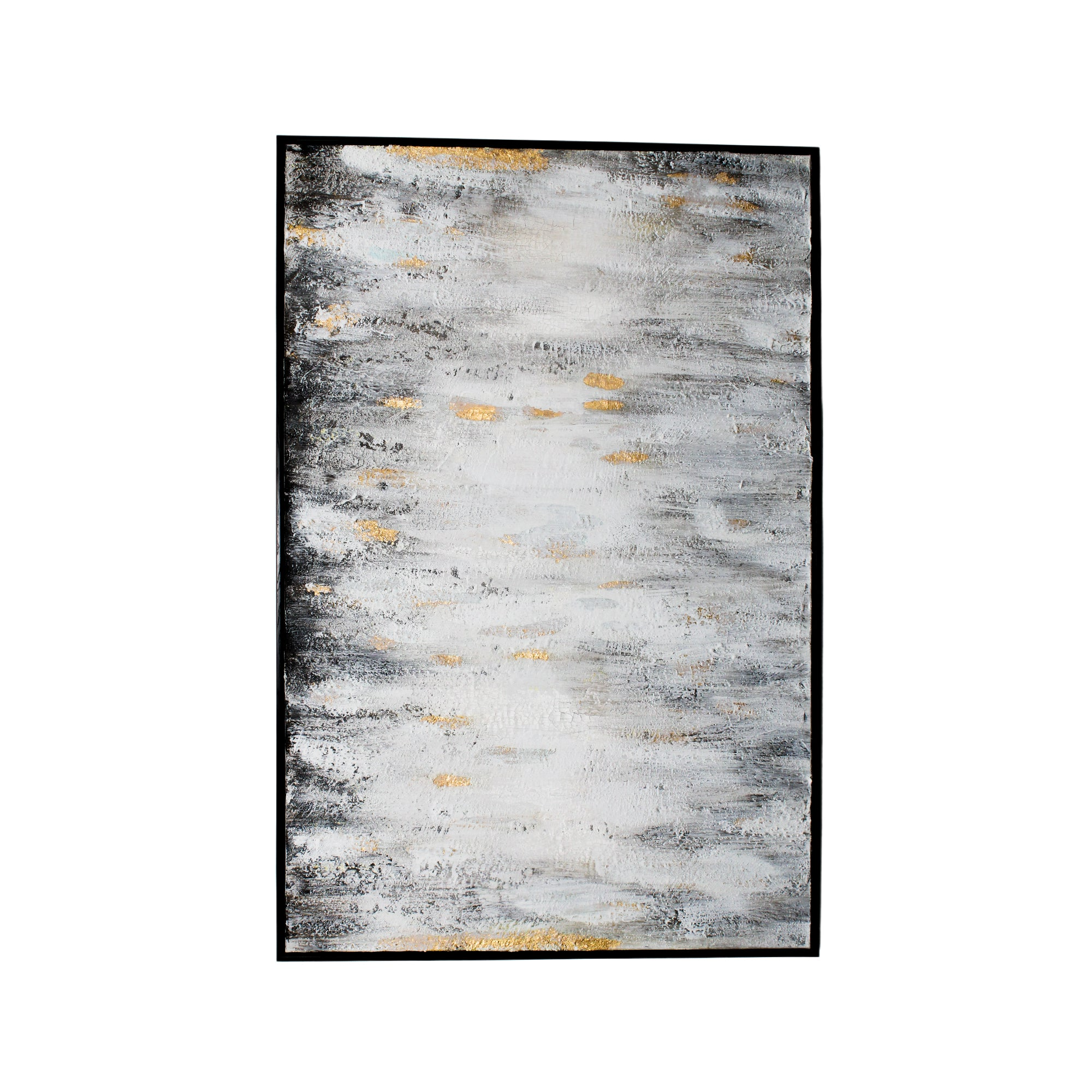 Décoration murale blanche et noire délavée avec des accents dorés et un cadre noir