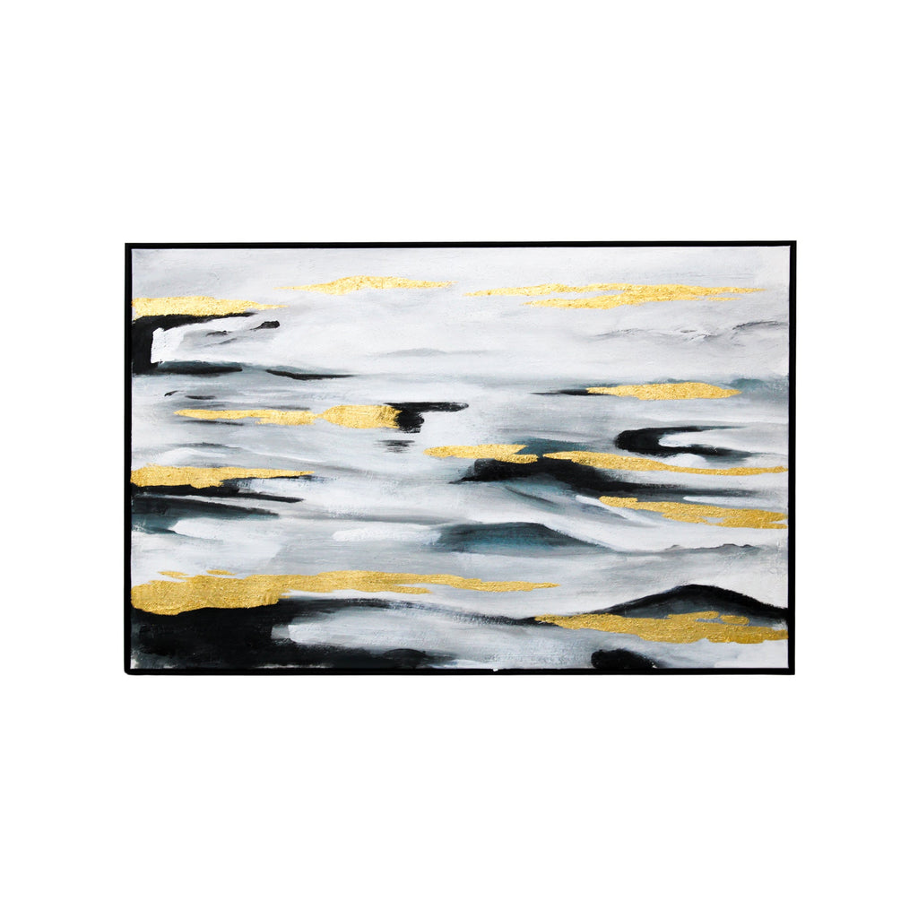Toile abstraite avec vue sur l'océan et accents noirs et dorés, cadre noir