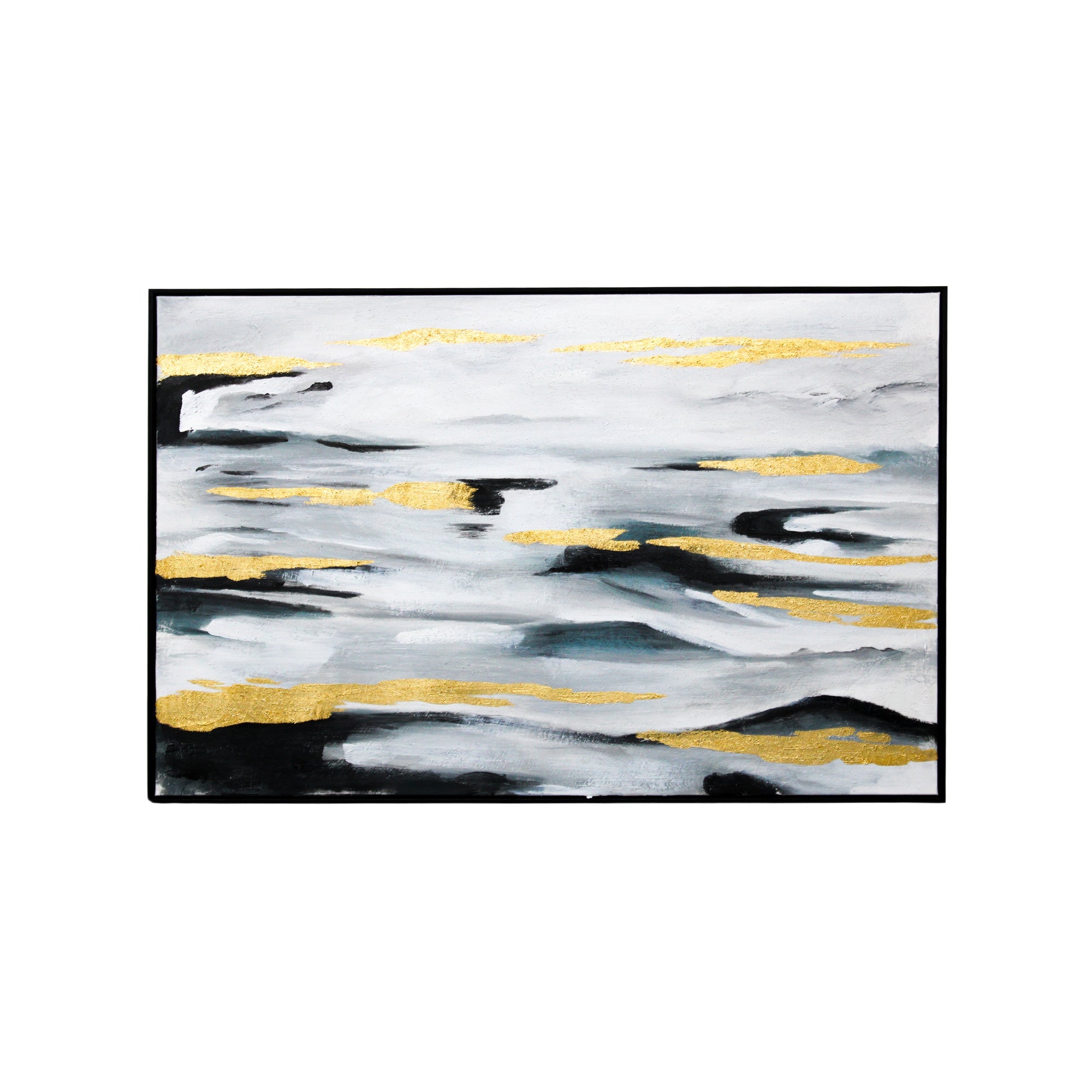 Toile abstraite avec vue sur l'océan et accents noirs et dorés, cadre noir