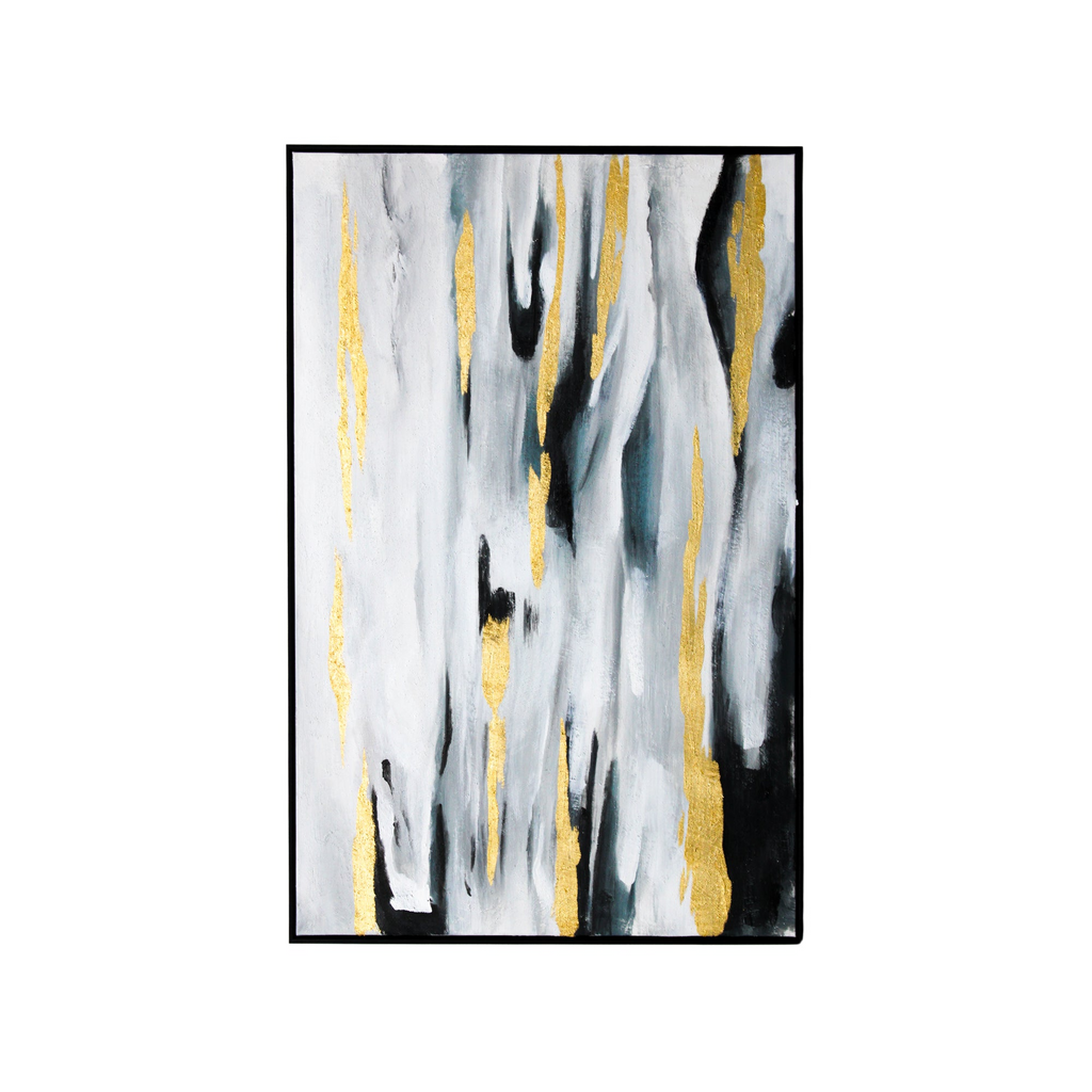 Toile abstraite avec vue sur l'océan et accents noirs et dorés, cadre noir