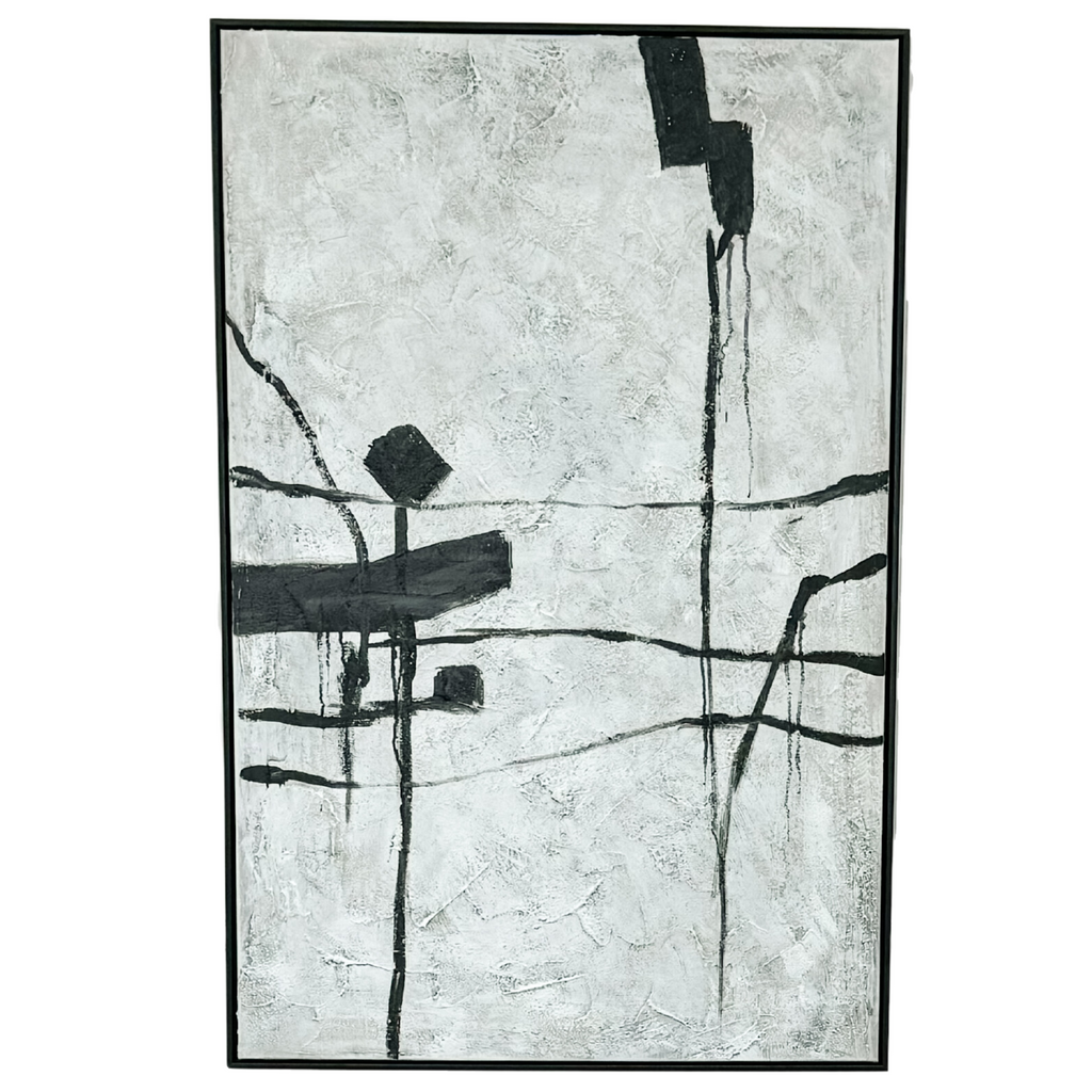 Toile abstraite grise et blanche avec cadre noir