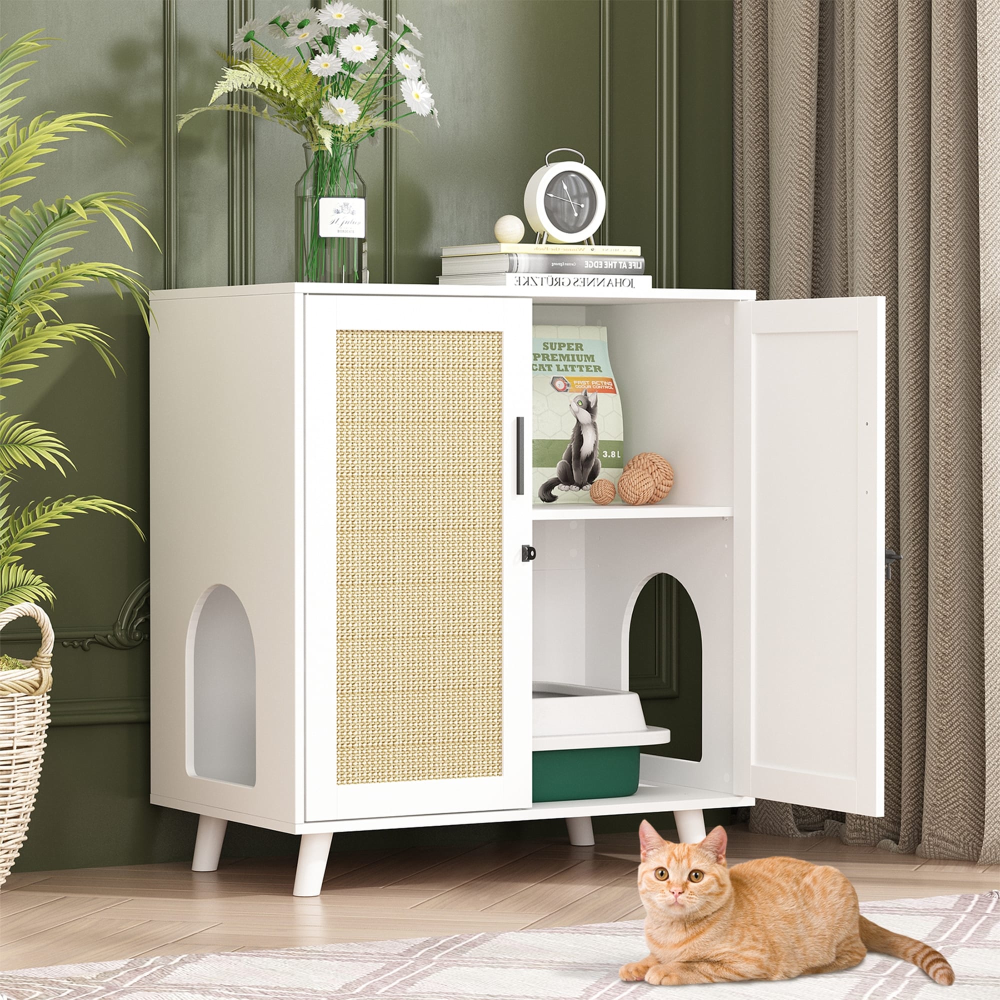 Bac à litière pour chat, maison pour chat, table d'appoint, porte, armoire, bibliothèque