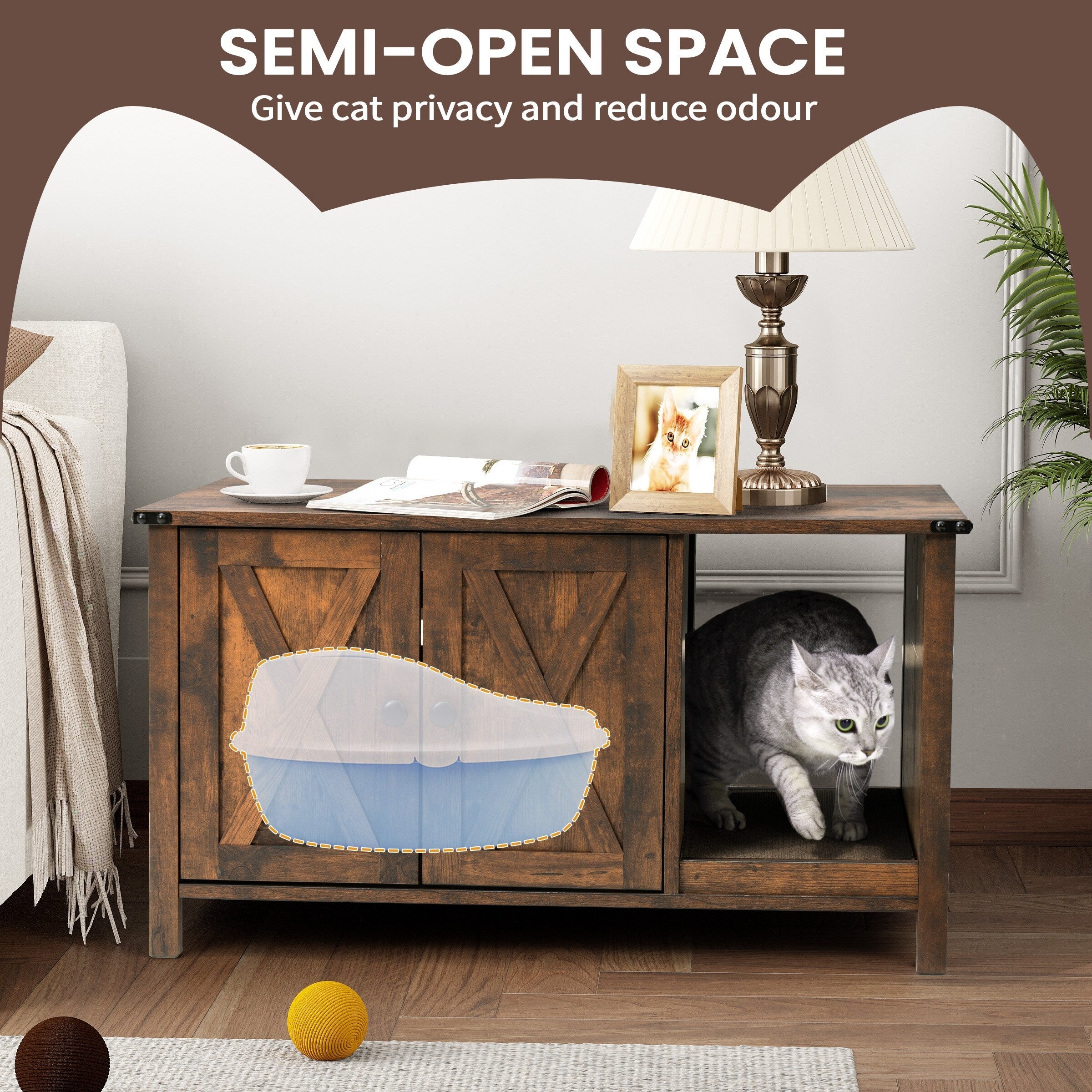 Enceinte de bac à litière pour chat, meuble de toilette en bois caché avec griffoir