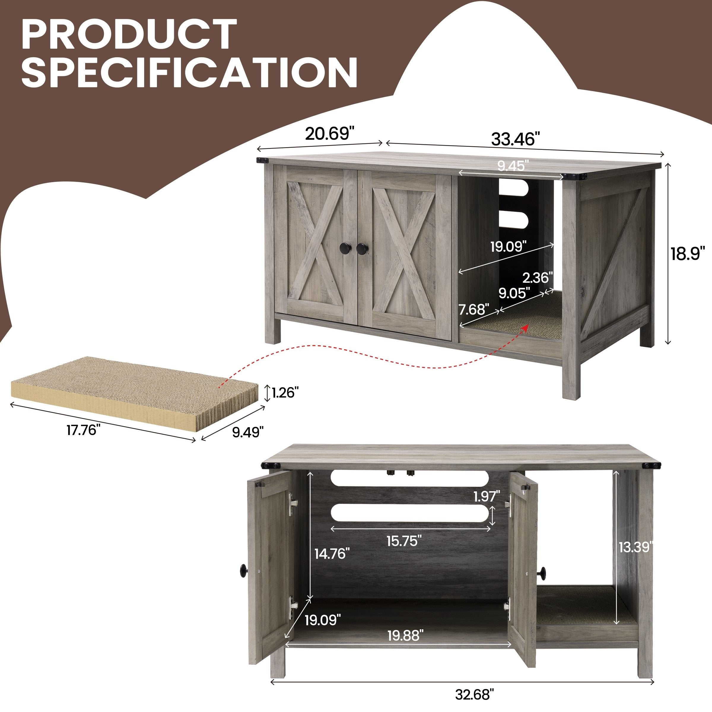 Enceinte de bac à litière pour chat, meuble de toilette en bois caché avec griffoir